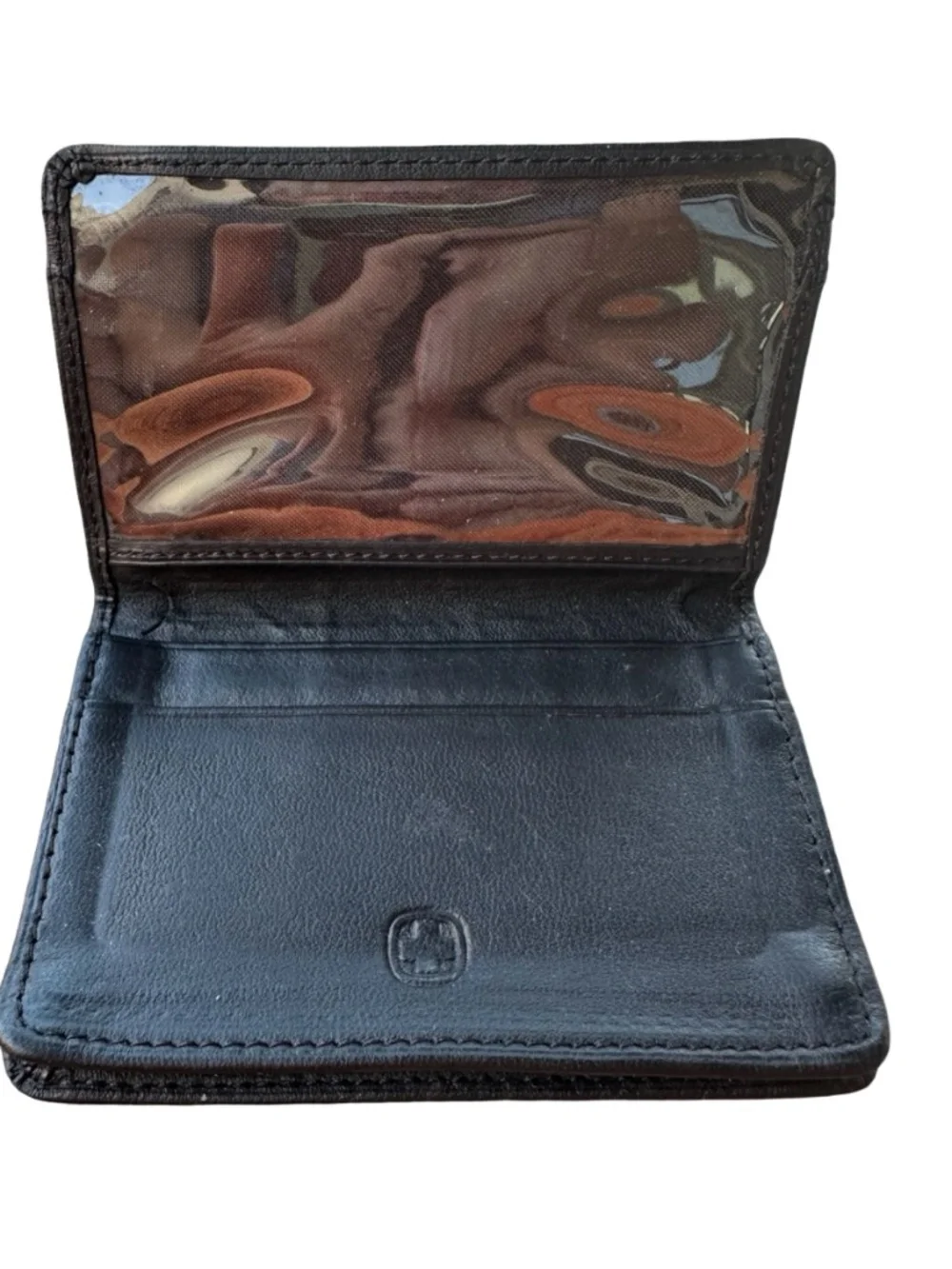 WENGER Black Leather Card Case Wallet 4 1/4”x3” Bifold Mini-Folio Clear ID